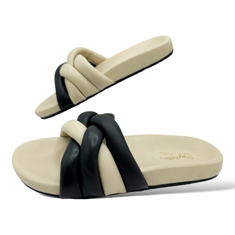 Seychelles Low Key Glow Up Leather Slide Sandal in Cream/Black Size 8